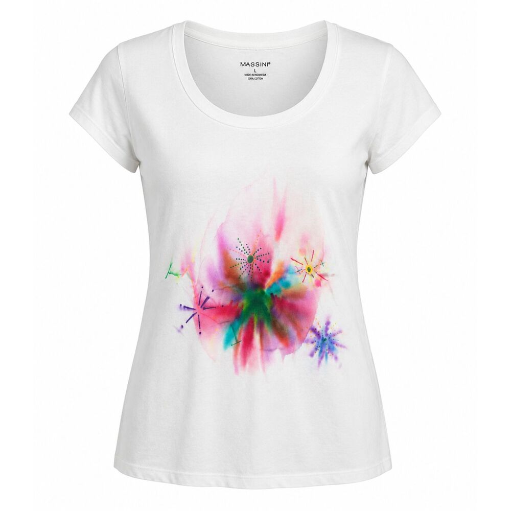 Massini White Watercolor Floral Graphic Tee Short Sleeve Scoop Neck Large